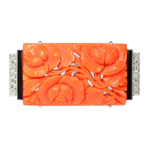 A Fusion of Elegance & Zen: 1920s Art Deco Japonisme Brooch with Diamonds, Onyx, and Blood Coral